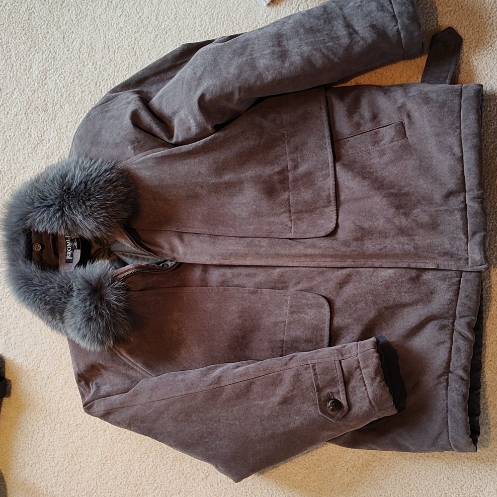 Beautiful real fox trim slate grey winter coat.